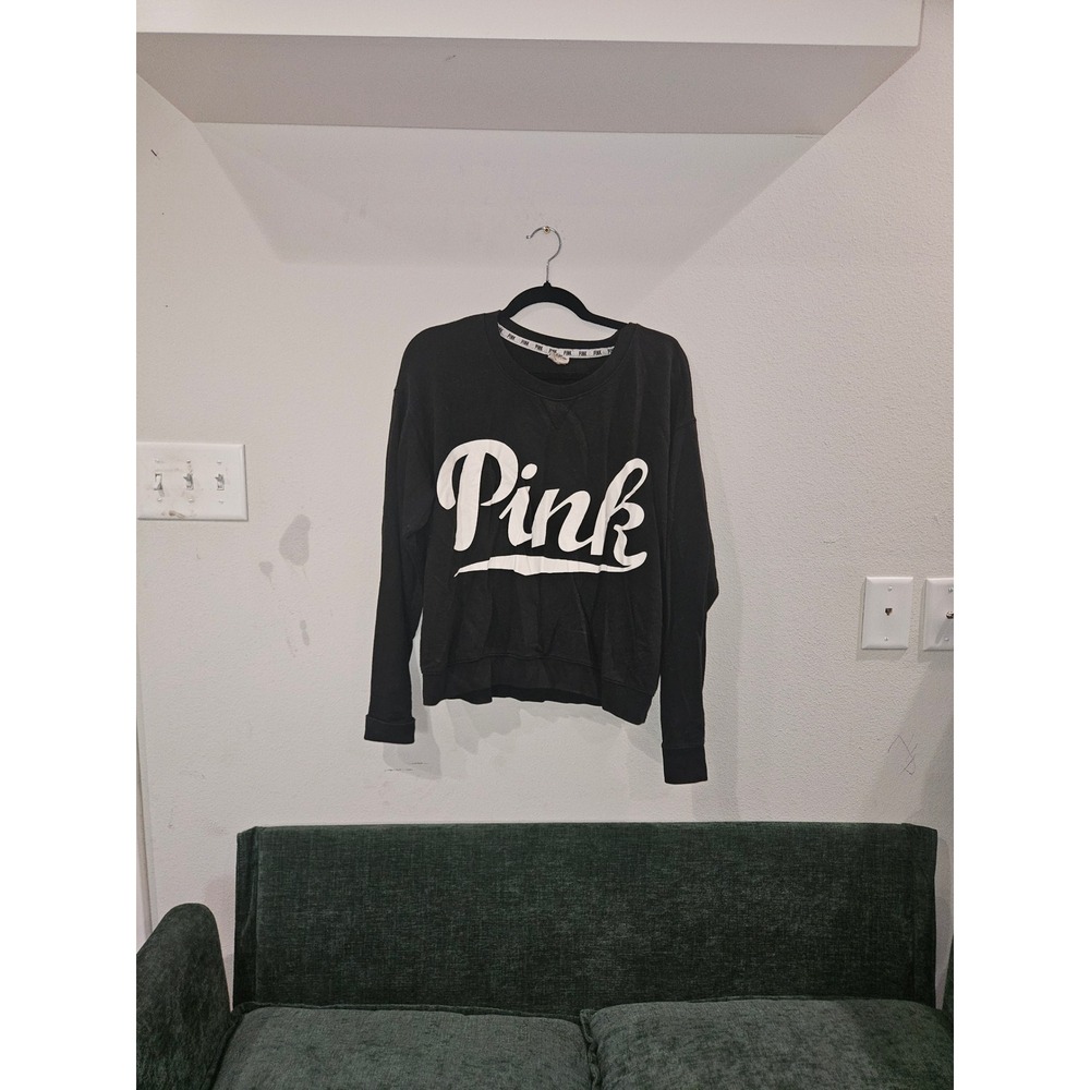 Victoria's Secret PINK Sweatshirt Black White Script Logo Crewneck Pullover m
